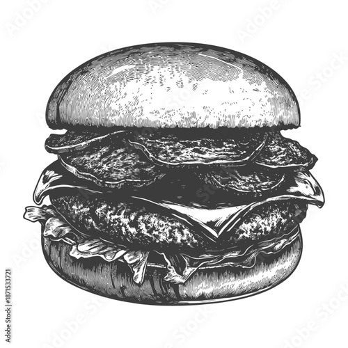 A Delicious Engraved Monochrome Illustration of a Fresh Hamburger