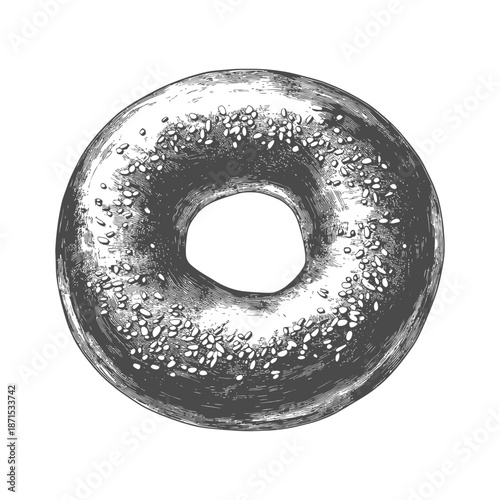 A bagel with sesame seed topping in grayscale illustration
