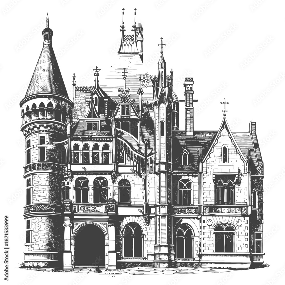 Fototapeta premium A Detailed Drawing Of An Ornate Gothic Style Mansion