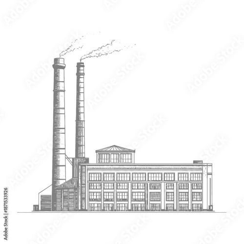 Factory Building with Tall Smoke Stacks emitting Smoke