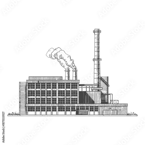 Industrial Factory Building Emits Smoke From Tall Chimney