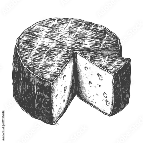 A wheel of cheese sliced showing its interior texture