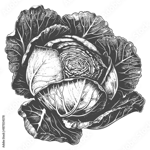 Detailed illustration of a cabbage head and leaves
