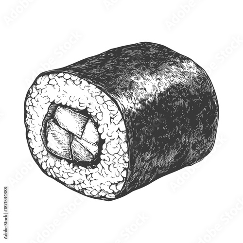 Hand Drawn Illustration Of A Single Sushi Roll