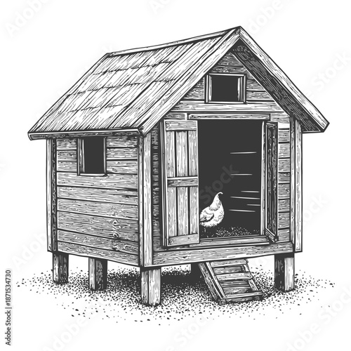 Rustic Wooden Chicken Coop With A Single Hen Inside