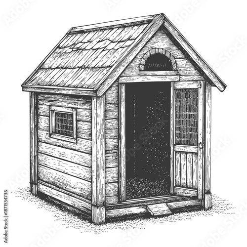 A rustic wooden shed with an open door stands on grass