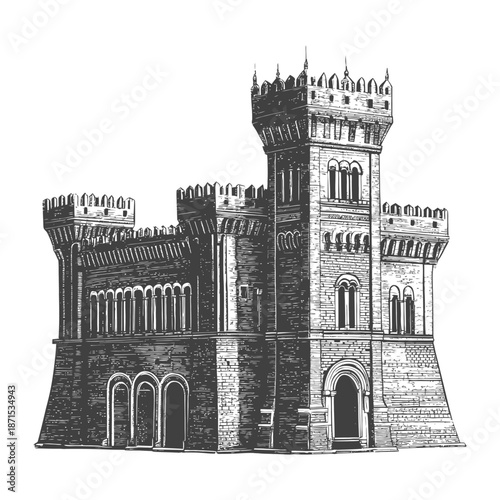 A detailed illustration of a medieval castle building