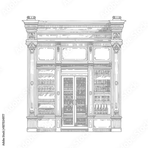 Elegant Storefront Design Featuring Classic Columns and Display Cases