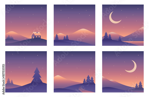 Minimalistic night landscape illustration set. Mountains, house and lake. Vector gradient square images in purple colors