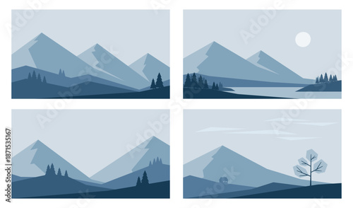 Minimalistic winter landscapes in Nordic style. Vector illustrations in blue colors