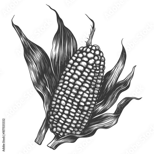 Detailed Illustration Of An Ear Of Corn In Husk