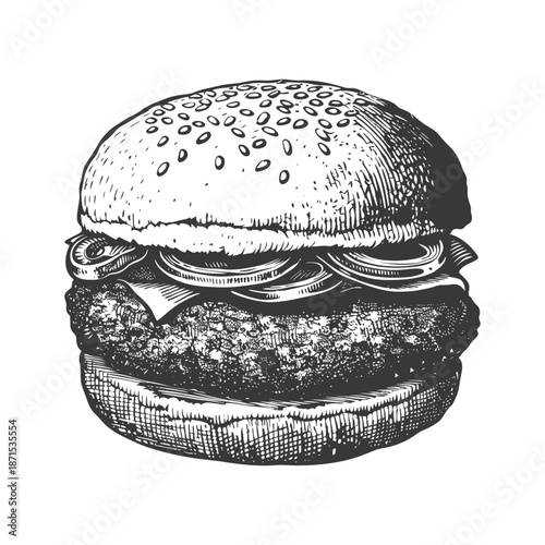 Delicious Hand Drawn Burger Illustration Featuring Sesame Seed Bun