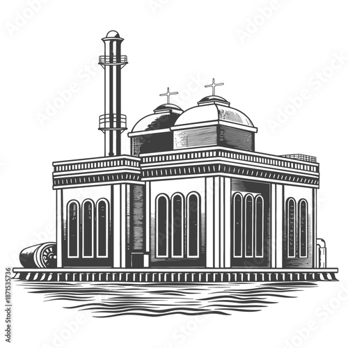 A waterfront building with domes and a tall smokestack