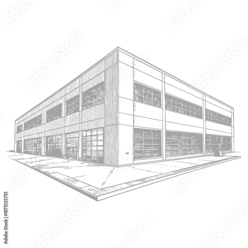Architectural Sketch of a Modern Warehouse Building