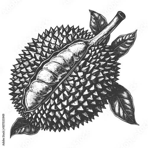 A Detailed Illustration Of A Durian Fruit With Leaves