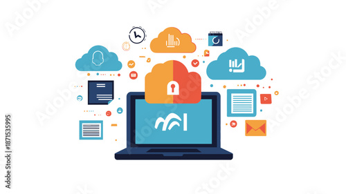 Laptop with Cloud Security Icons Display.