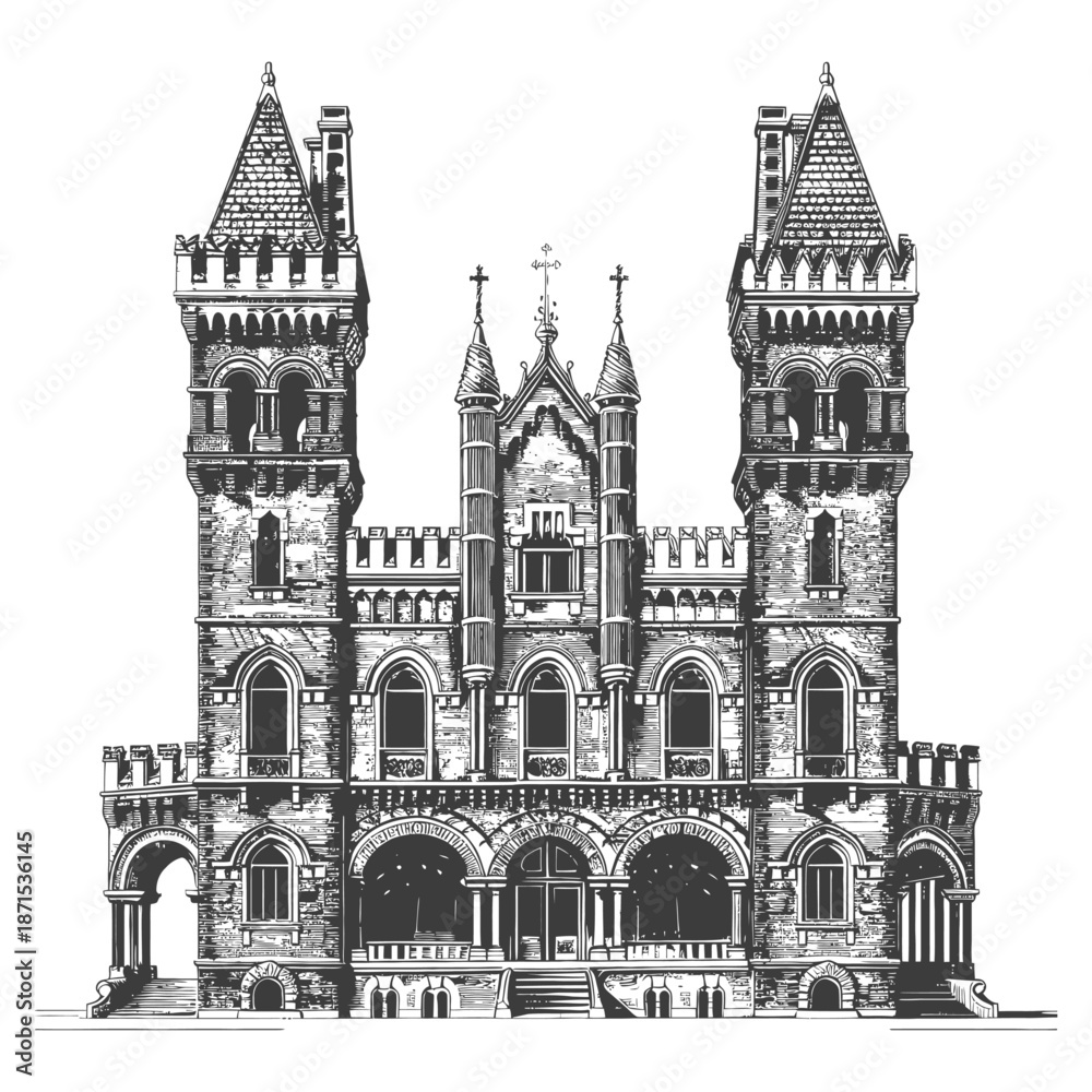 Fototapeta premium Grand Gothic Style Mansion Architectural Drawing