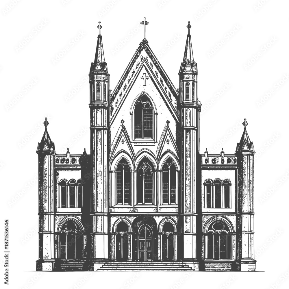 Fototapeta premium Gothic Style Church Architectural Drawing Illustration