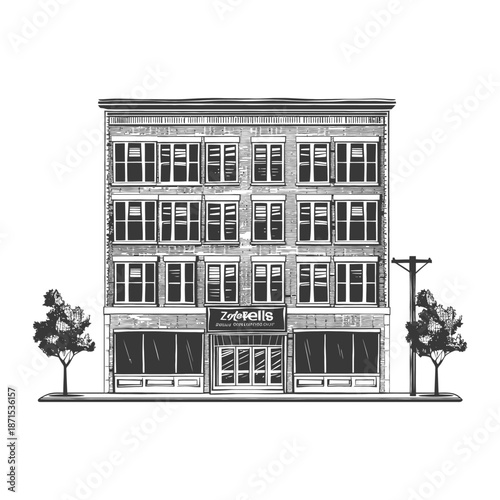 A three story brick building with a storefront and trees