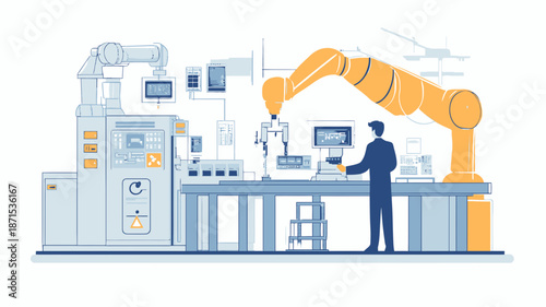 Man Operating Industrial Robot Arm Machinery.