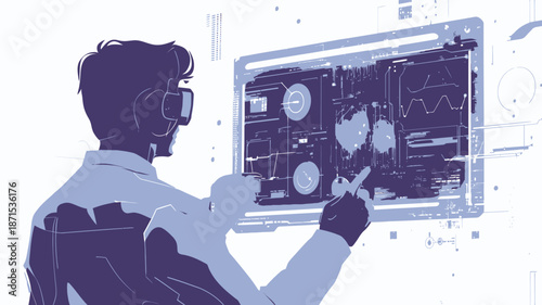 Man interacting with virtual computer screen.