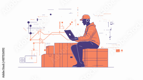 Man Sitting on Boxes Using Laptop.