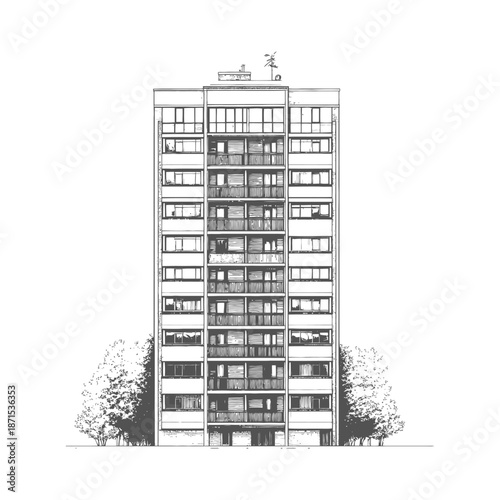 Apartment Building Sketch with Trees Flanking Sides
