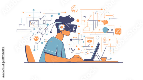 Man Wearing Virtual Reality Headset Working.