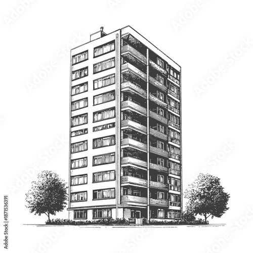 Apartment Building Sketch with Trees and Landscaping