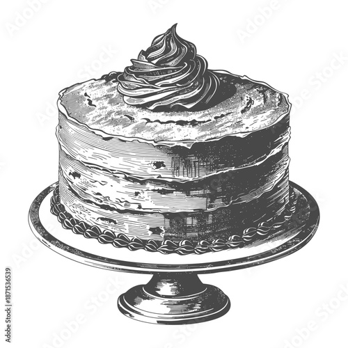 Delicious layered cake with creamy frosting on a cake stand