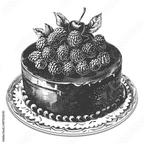 Delicious Chocolate Cake Topped With Raspberries And A Cherry