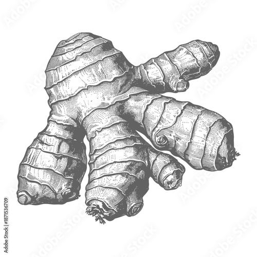 Detailed Engraving of a Fresh Ginger Root