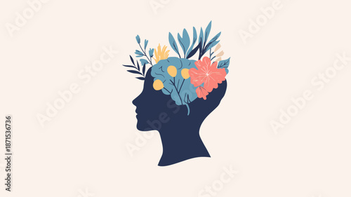 Silhouette of a Human Head with Flowers.