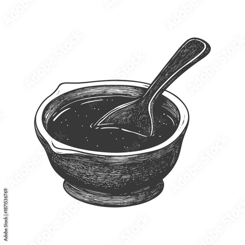 Stone Bowl with Spoon Contains Dark Liquid Mixture