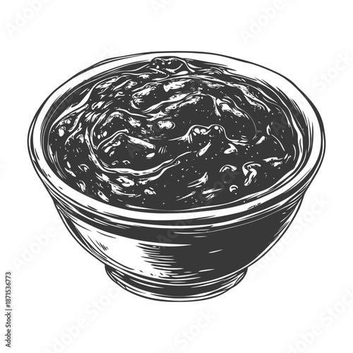 A bowl of dark sauce or dip