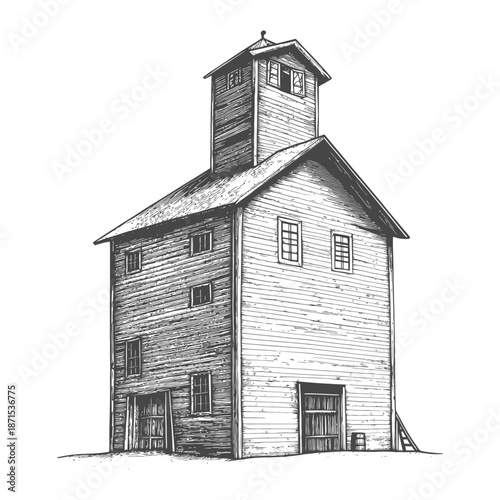 A Rustic Wooden Grain Silo Stands Tall Against A White Background