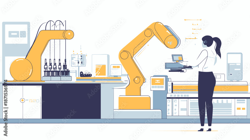 Fototapeta premium Woman Operating Industrial Robot Arm Machine.