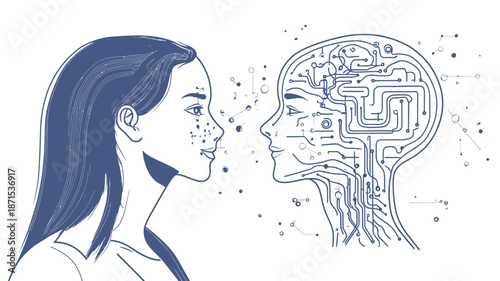 Woman Facing Artificial Intelligence Robot Head.