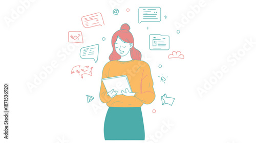 Woman holding tablet with floating icons.