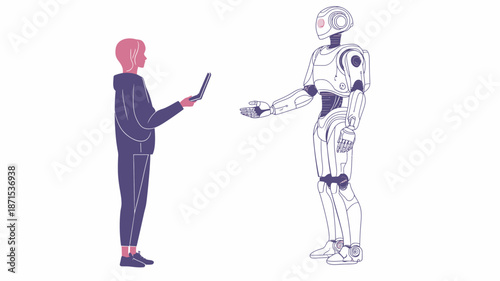 Woman Interacting with Humanoid Robot Illustration.