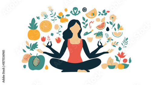 Woman Meditating with Multiple Arms Surrounded by Fruits.