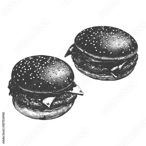 Two Delicious Cheeseburgers Illustrated In A Vintage Style