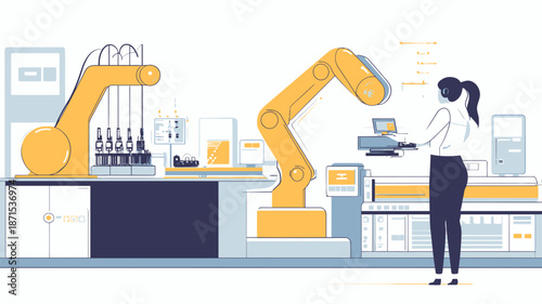 Woman Operating Industrial Robot Arm Machine.