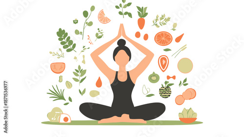 Woman Practicing Yoga with Healthy Foods.