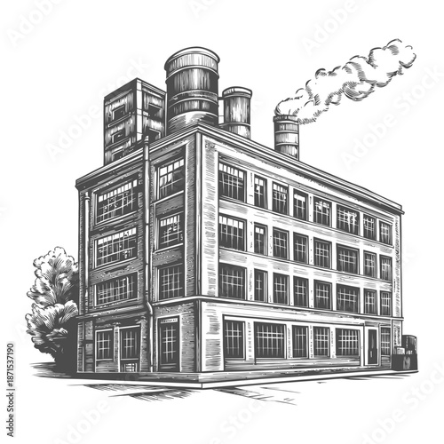 Vintage Industrial Building With Smoke Stack