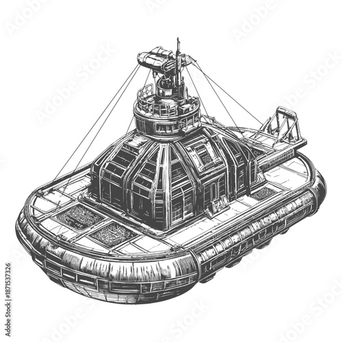 A detailed drawing of a futuristic hovercraft vessel