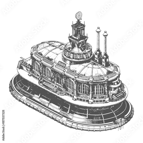 A futuristic hovercraft building design floats gracefully