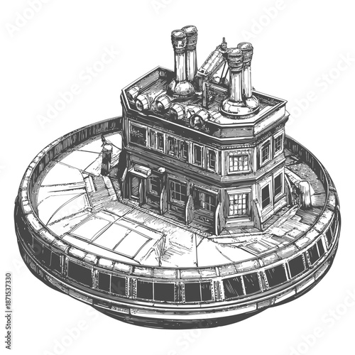 A brewery building sits atop a circular platform