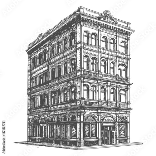 Elegant Victorian Era Building Architectural Drawing