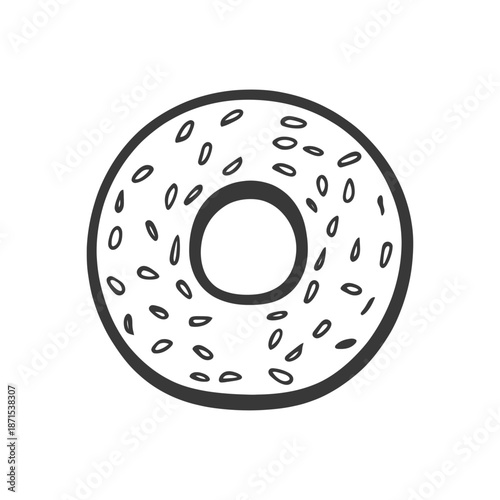A simple line drawing of a bagel with seeds